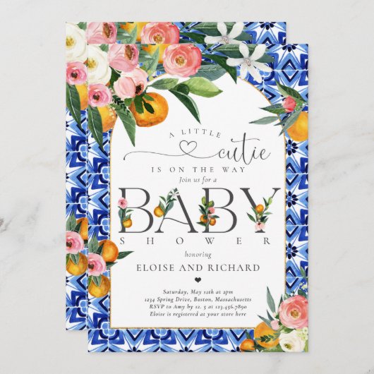 リトルかわいこちゃんシトラスボタニカルオレンジベビーシャワー 招待状 (正面/裏面)