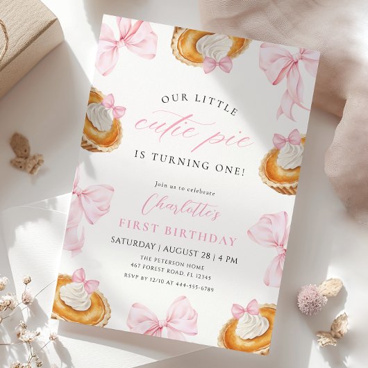 リトルかわいこちゃんパイピンクボウファースト誕生日 招待状