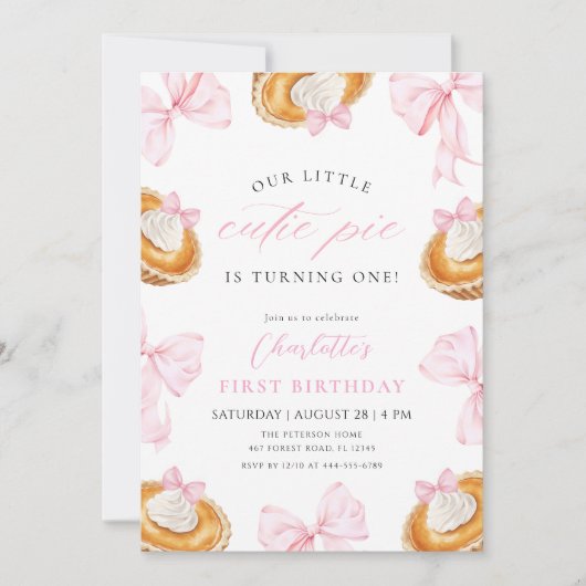 リトルかわいこちゃんパイピンクボウファースト誕生日 招待状 (正面)