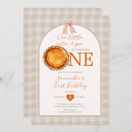 リトルかわいこちゃんパイ秋ベージュギンガムファースト誕生日 招待状 (正面/裏面)