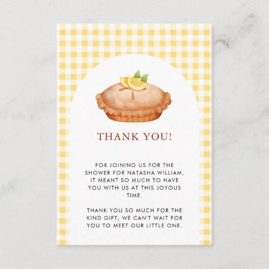 リトルかわいこちゃんパイ黄色の赤ちゃんシャワーありがとう エンクロージャーカード (正面)