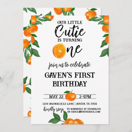 リトルかわいこちゃんファースト誕生日オレンジウォーター色 招待状 (正面/裏面)