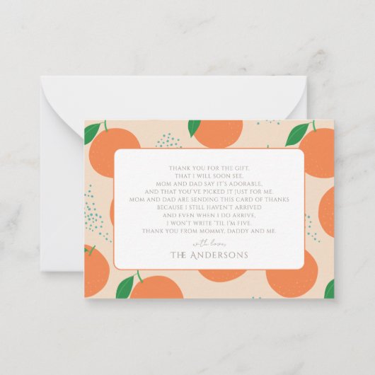 リトルかわいこちゃんモダンオレンジ赤ちゃんシャワーありがとう ノートカード (裏面)