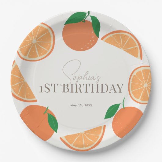 リトルかわいこちゃんモダンオレンジ&オレンジスライス誕生日 ペーパープレート (正面)
