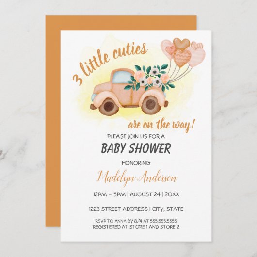 リトルかわいこちゃんヴィンテージトラックトリプレットベビーシャワー 招待状 (正面/裏面)