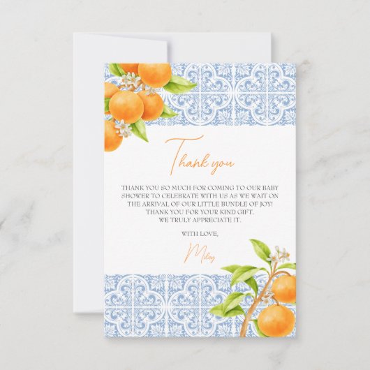 リトルかわいこちゃん地中海のタイルオレンジ色の赤ちゃんシャワー サンキューカード (正面)