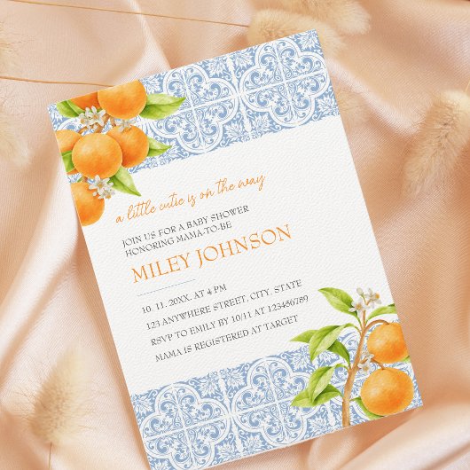 リトルかわいこちゃん地中海のタイルオレンジ色の赤ちゃんシャワー 招待状