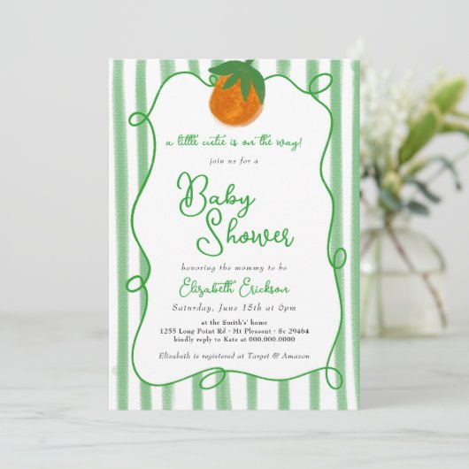 リトルかわいこちゃん手描き柑橘系オレンジ色の赤ちゃんシャワー 招待状 (スタンド正面)