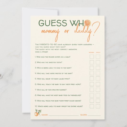 リトルかわいこちゃん推測ママまたはパパのゲームカード 招待状 (正面)