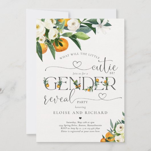 リトルかわいこちゃん柑橘類オレンジジェンダーリビールパーティー 招待状 (正面)