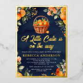 リトルかわいこちゃん柑橘類オレンジバスケットネイビーベビーシャワー 箔招待状 (正面)