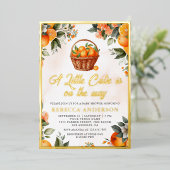 リトルかわいこちゃん柑橘類オレンジバスケットベビーシャワー 箔招待状 (立ち正面)