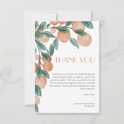 リトルかわいこちゃん柑橘類オレンジ緑葉ベビーシャワー サンキューカード (正面)