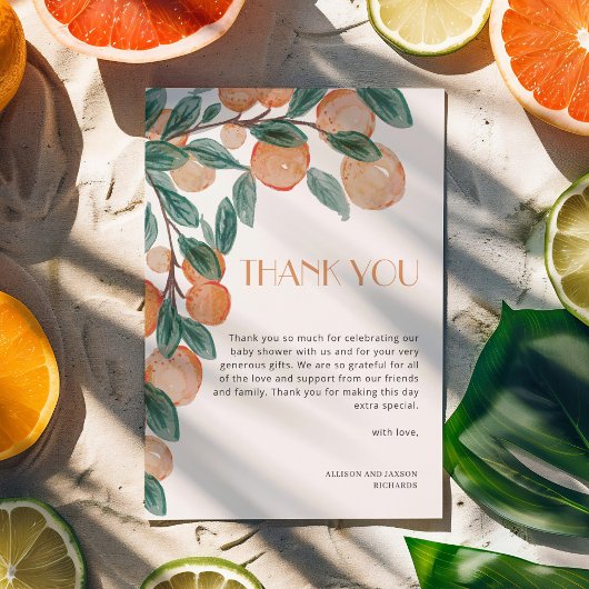 リトルかわいこちゃん柑橘類オレンジ緑葉ベビーシャワー サンキューカード