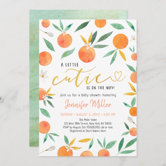 リトルかわいこちゃん緑の金ゴールドベビーシャワー 招待状 (正面/裏面)