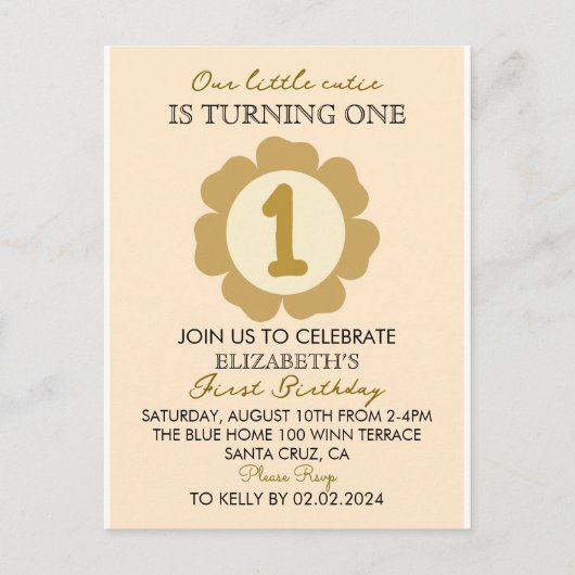 リトルかわいこちゃん金ゴールドフローラ1st誕生日招待状C シーズンポストカード (正面)