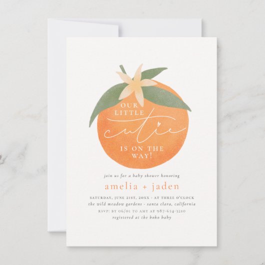 リトルかわいこちゃん |春オレンジカップルの赤ちゃんシャワー 招待状 (正面)