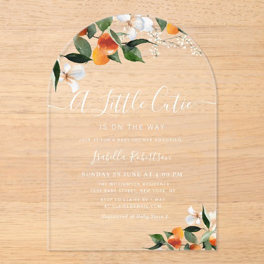 リトルかわいこちゃん |柑橘類の赤ちゃんシャワー アクリル招待状 (正面)