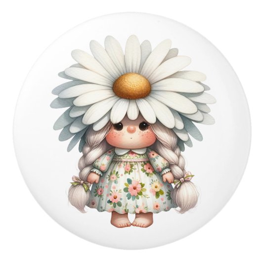 リトルかわいらしホワイトデイジーガール格言 セラミックノブ (正面)