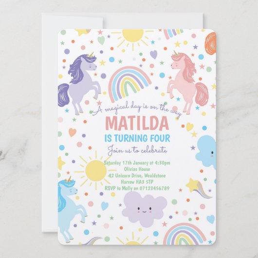 リトルかわいらしユニコーンパーティの招待状 招待状 (正面)