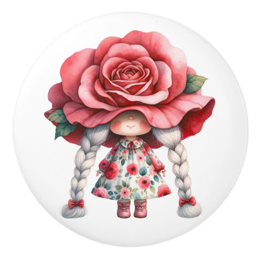 リトルかわいらしレッドフローラガール格言 セラミックノブ (正面)