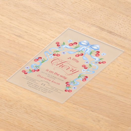 リトルさくらんぼの方法ブルーボウ少年の赤ちゃんシャワー アクリル招待状 (レイダウン)