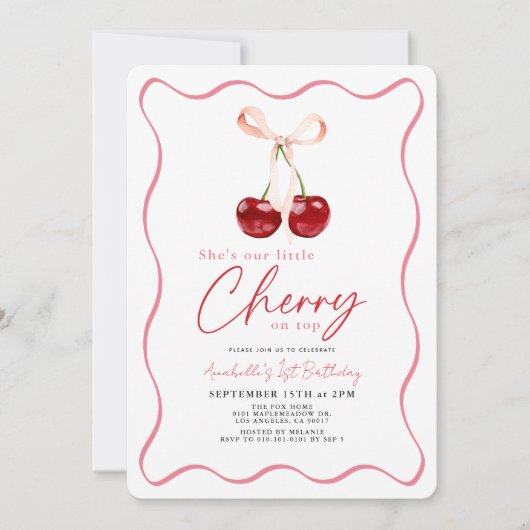リトルさくらんぼオントップリボンジンガム1st誕生日 招待状 (正面)