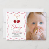 リトルさくらんぼオントップリボン写真1st誕生日 招待状 (正面)