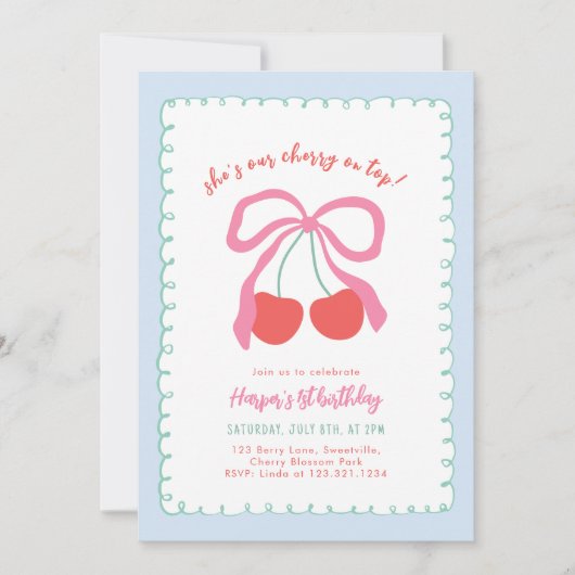 リトルさくらんぼオントップ誕生日招待状 招待状 (正面)
