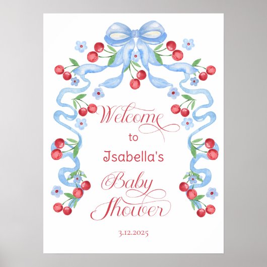 リトルさくらんぼブルーボウベビーシャワーウェルカム ポスター (正面)