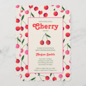 リトルさくらんぼレトロガールベビーシャワー招待状:アイボリー 招待状 (正面/裏面)