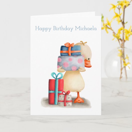 リトルアヒルとプレゼントパーソナライズされた誕生日 カード (黄色い花)