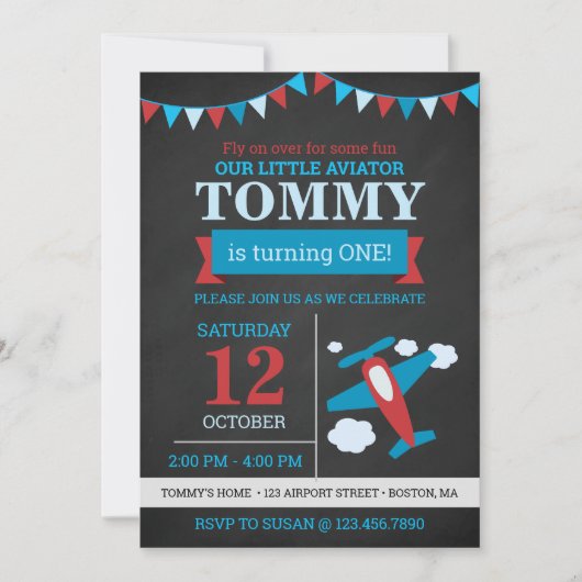 リトルアヴィエーターかわいい飛行機の黒板の誕生日 招待状 (正面)