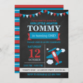 リトルアヴィエーターかわいい飛行機の黒板の誕生日 招待状 (正面/裏面)