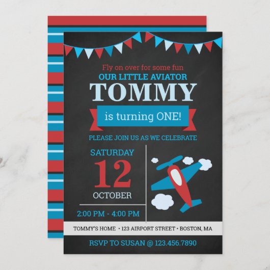 リトルアヴィエーターかわいい飛行機の黒板の誕生日 招待状 (正面/裏面)