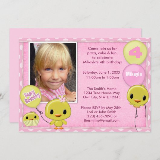リトルイエローチャック誕生日招待状ピンク 招待状 (正面/裏面)