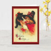 リトルウィッチとブラックキャットヴィンテージハロウィンカード カード (黄色い花)