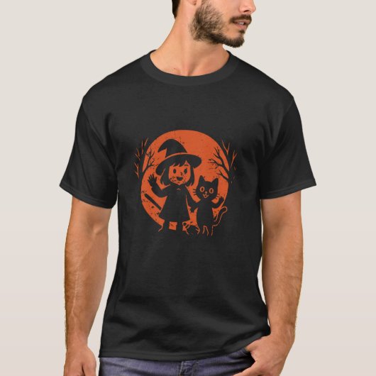 リトルウィッチと猫のハロウィン・ムーン Tシャツ (正面)