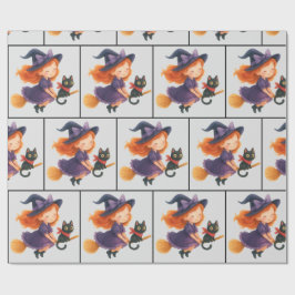 リトルウィッチキャットフライングハロウィンガールベビーシャワー ラッピングペーパー