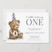 リトルウォーター色テディベアターニングワン誕生日 招待状 (正面)