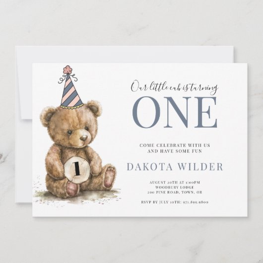 リトルウォーター色テディベアターニングワン誕生日 招待状 (正面)