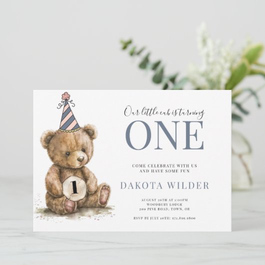 リトルウォーター色テディベアターニングワン誕生日 招待状 (スタンド正面)