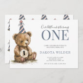 リトルウォーター色テディベアターニングワン誕生日 招待状 (正面/裏面)