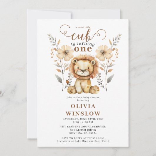 リトルウォーター色ライオンサファリ動物1st誕生日 招待状 (正面)