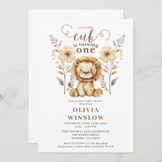 リトルウォーター色ライオンサファリ動物1st誕生日 招待状 (正面/裏面)