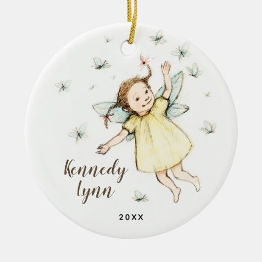 リトルウッドランドパーソナライズされた妖精の女の子の名前 セラミックオーナメント (正面)