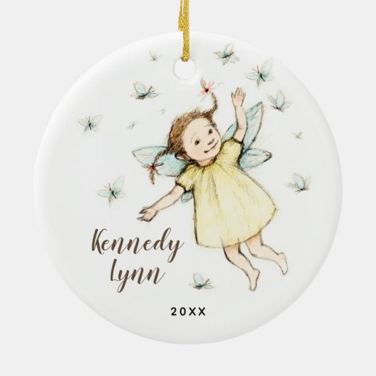 リトルウッドランドパーソナライズされた妖精の女の子の名前 セラミックオーナメント (裏面)