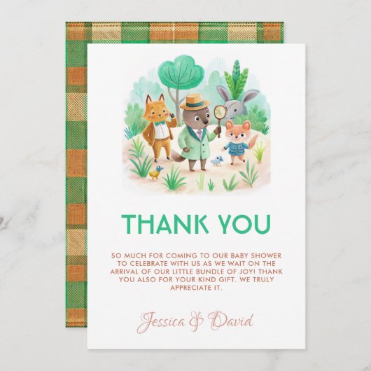 リトルエクスプローラーフォレスト探偵少年の赤ちゃんシャワー サンキューカード (正面/裏面)