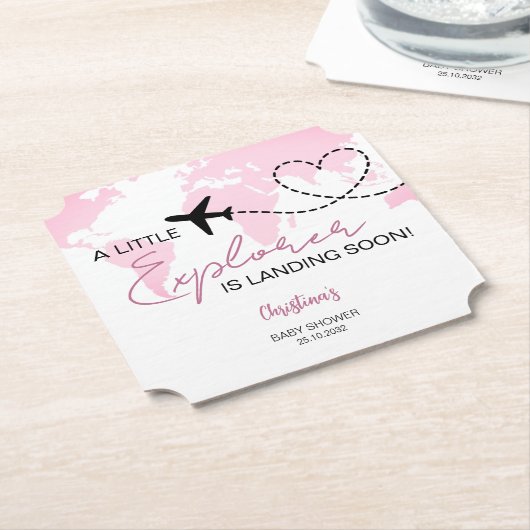 リトルエクスプローラーワールドマップピンク赤ちゃんシャワー ペーパーコースター (アングル)