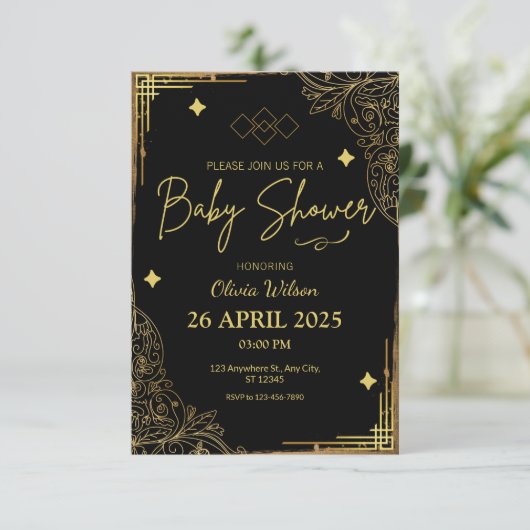 リトルエレガントキングの金ゴールドとブラックベビーシャワー 招待状 (スタンド正面)